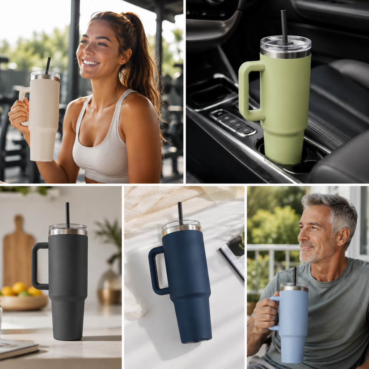 40oz Insulated Tumbler with Handle & Straw – Stainless Steel Travel Cup, Double-Wall Vacuum Water Tumbler, Cup Holder Friendly