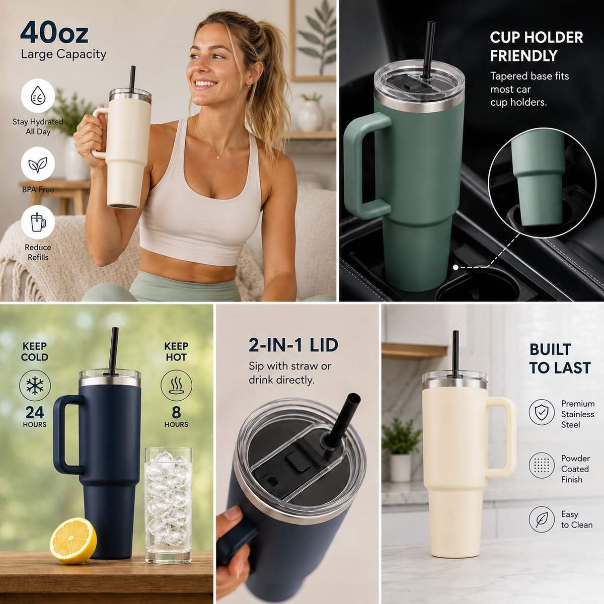 40oz Insulated Tumbler with Handle & Straw – Stainless Steel Travel Cup, Double-Wall Vacuum Water Tumbler, Cup Holder Friendly