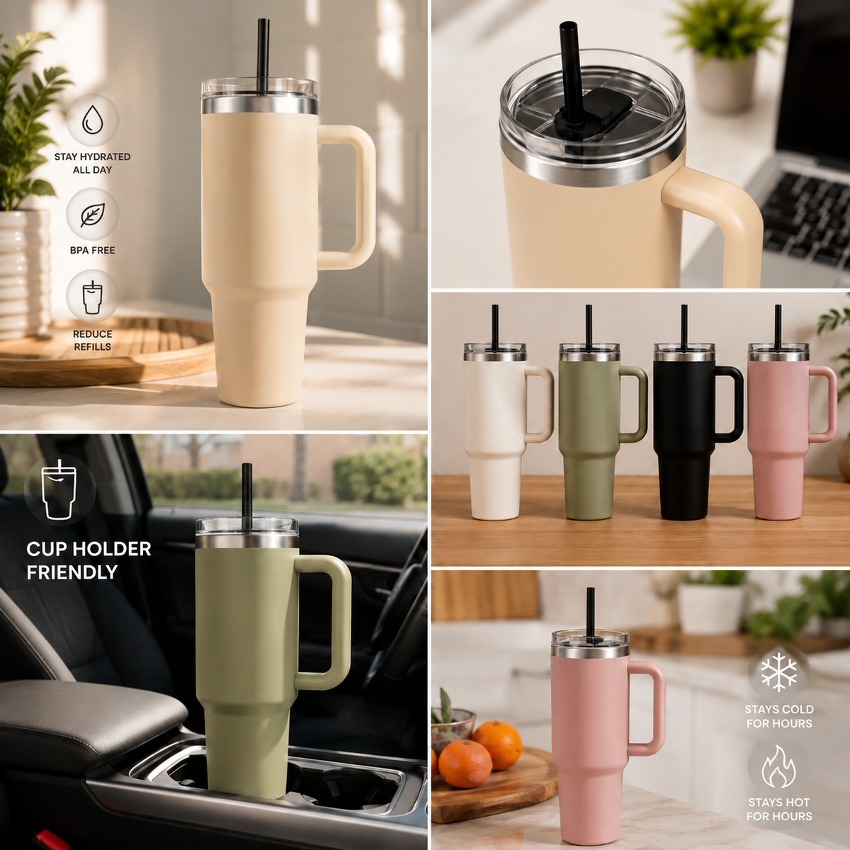 40oz Insulated Tumbler with Handle & Straw – Stainless Steel Travel Cup, Double-Wall Vacuum Water Tumbler, Cup Holder Friendly