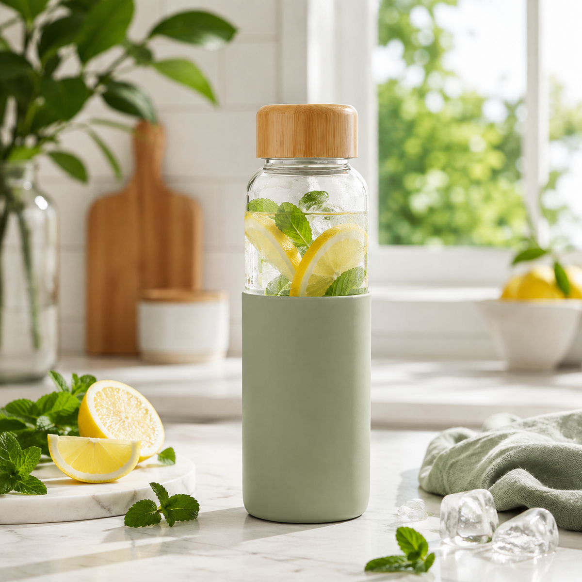 24oz Borosilicate Glass Water Bottle with Protective Sleeve – Reusable Glass Drinking Cup, Bamboo Lid Bottle & Everyday Hydration Tumbler