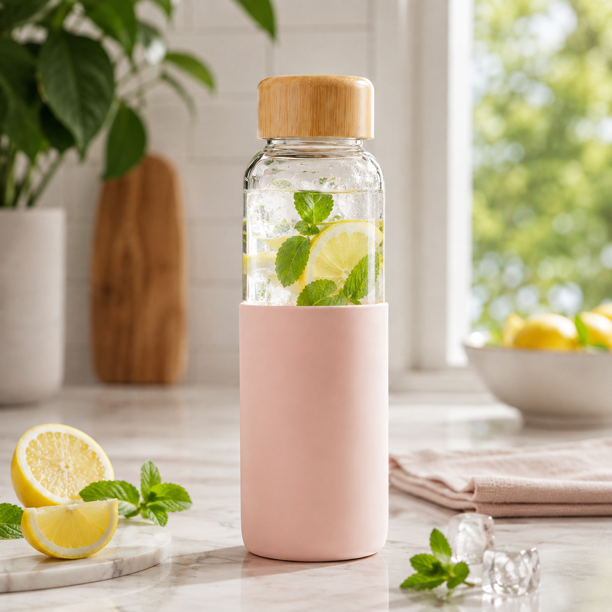 24oz Borosilicate Glass Water Bottle with Protective Sleeve – Reusable Glass Drinking Cup, Bamboo Lid Bottle & Everyday Hydration Tumbler