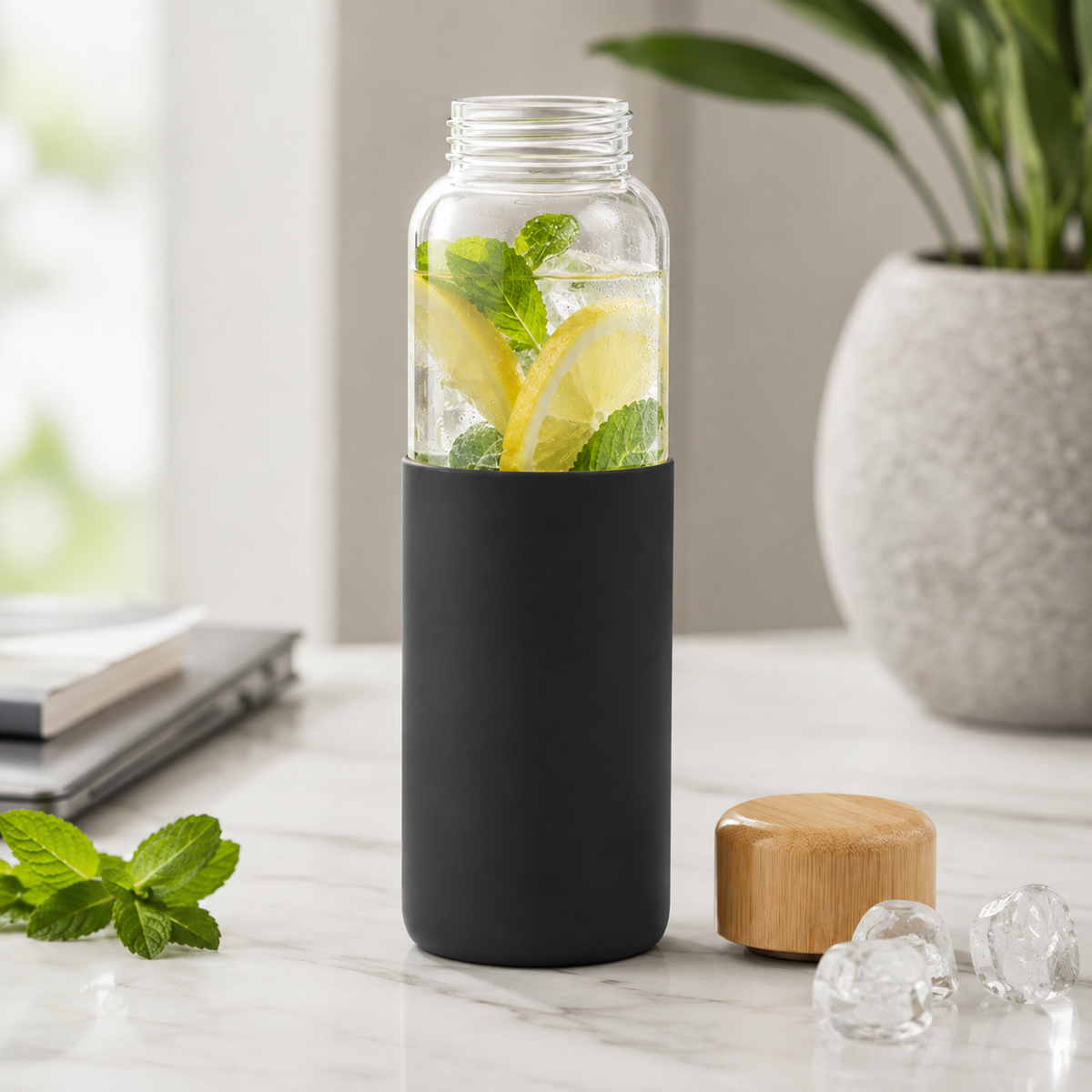 24oz Borosilicate Glass Water Bottle with Protective Sleeve – Reusable Glass Drinking Cup, Bamboo Lid Bottle & Everyday Hydration Tumbler