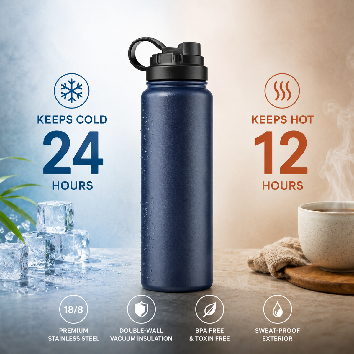 32oz Slim Stainless Steel Water Bottle – Vacuum Insulated Reusable Drinking Bottle, Leak-Resistant Sports & Travel Flask