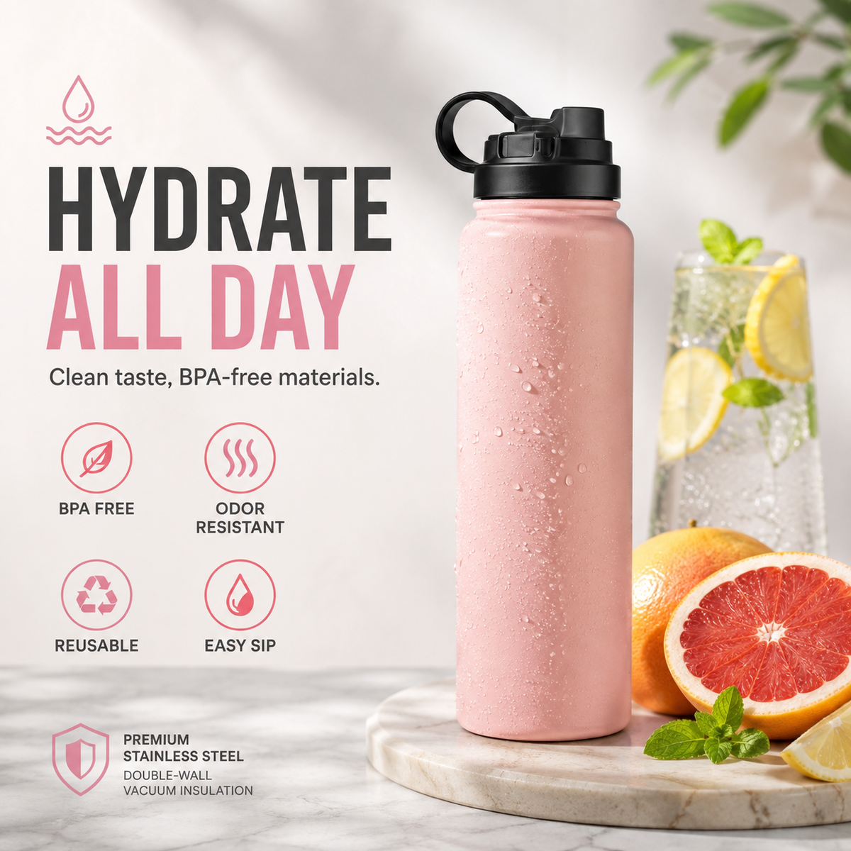32oz Slim Stainless Steel Water Bottle – Vacuum Insulated Reusable Drinking Bottle, Leak-Resistant Sports & Travel Flask