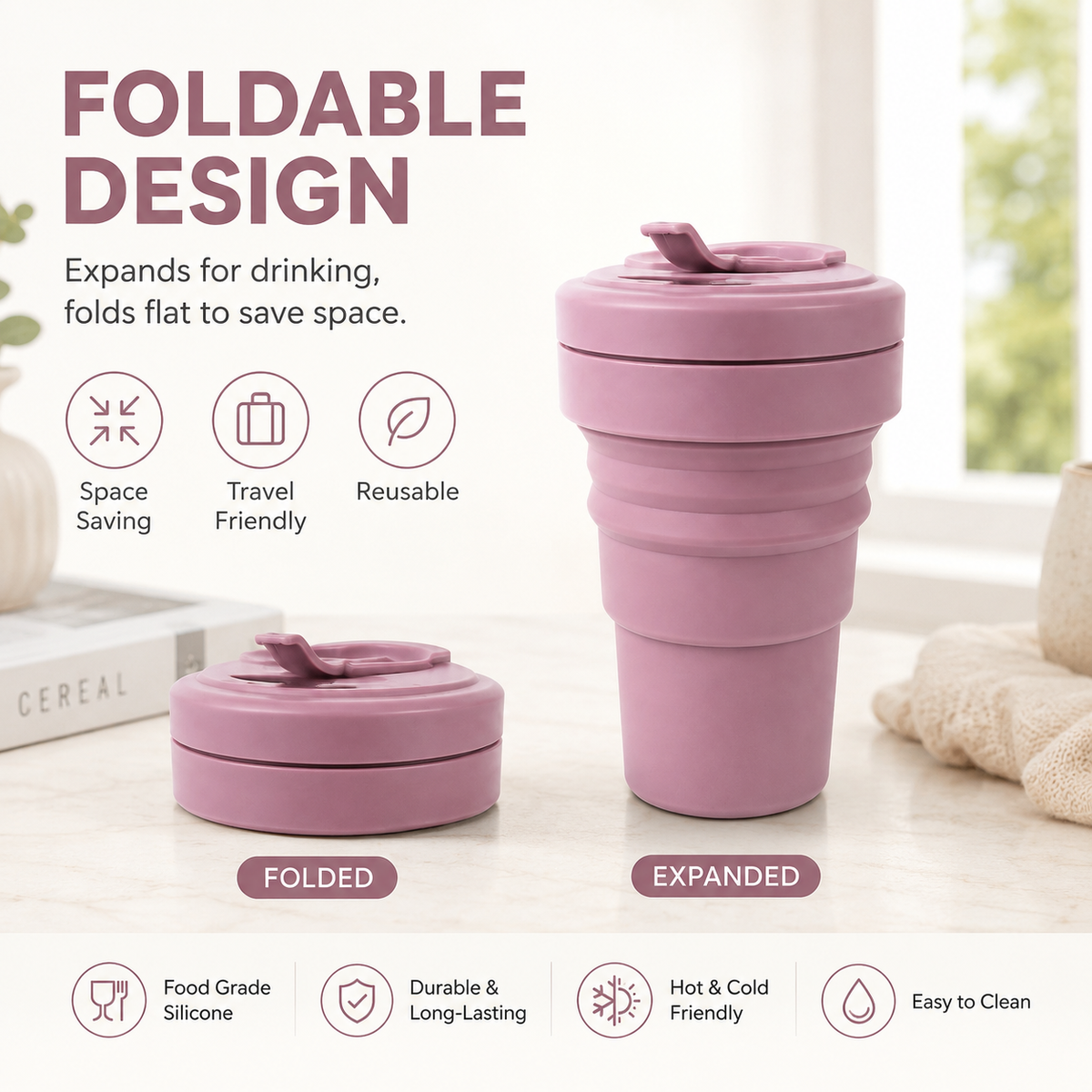 18oz Collapsible Silicone Travel Cup – Foldable Reusable Water Cup with Lid, Portable Camping & Everyday Drink Tumbler