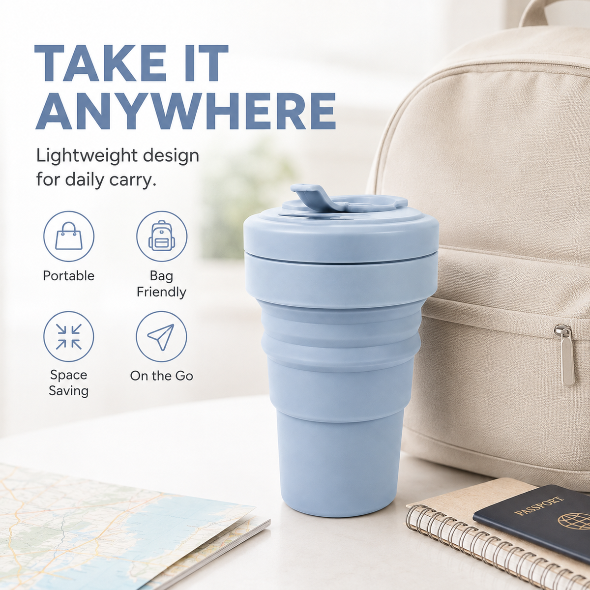 18oz Collapsible Silicone Travel Cup – Foldable Reusable Water Cup with Lid, Portable Camping & Everyday Drink Tumbler