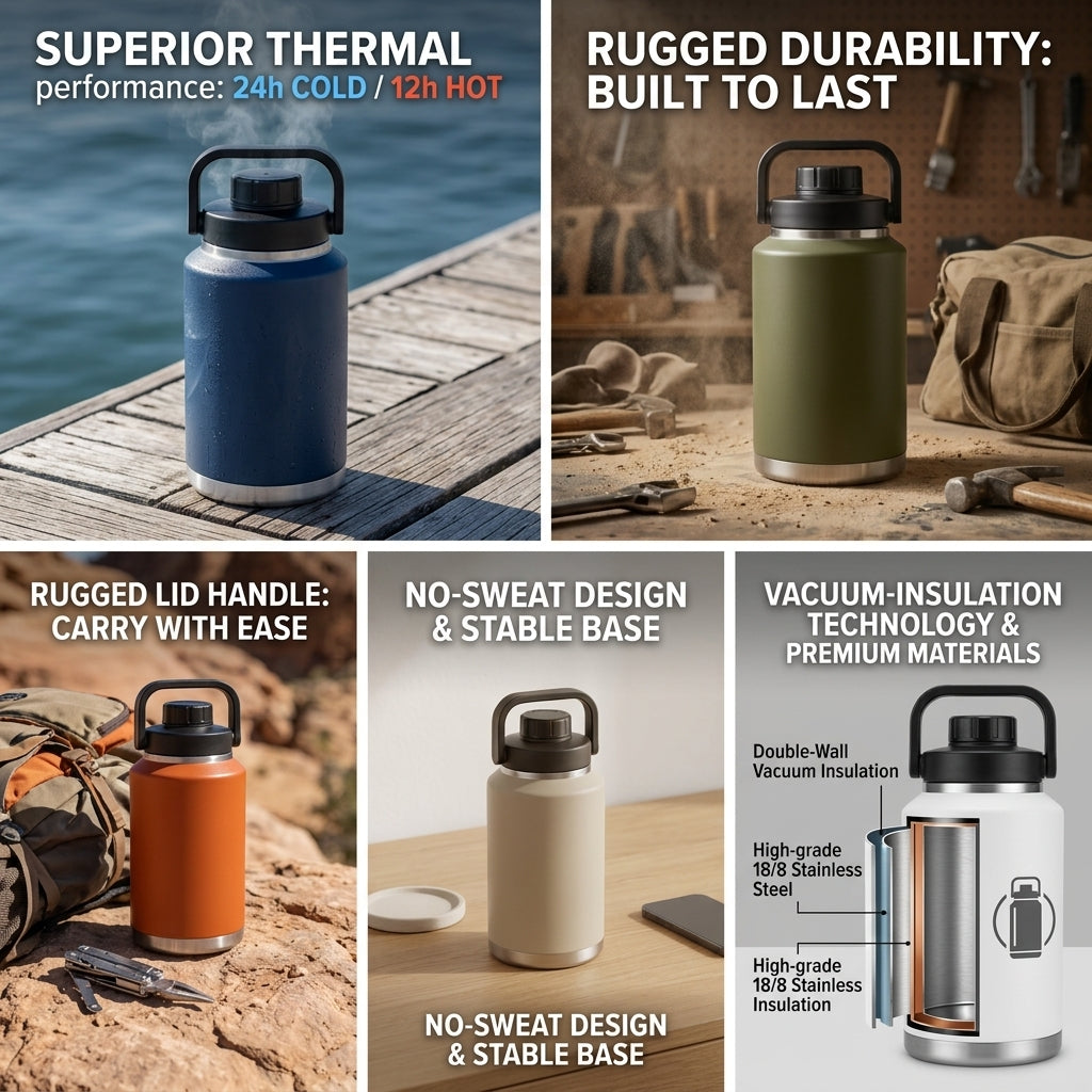 64oz Insulated Sports Water Jug – Large Stainless Steel Hydration Bottle with Carry Handle, Gym & Outdoor Water Container
