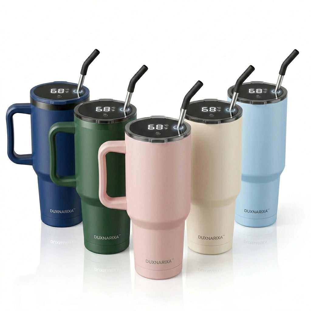 30oz Smart LED Tumbler with Handle – Temperature Display Insulated Travel Mug, Stainless Steel Coffee Cup with Straw, Cup Holder Friendly