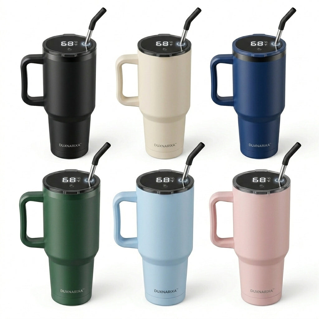 30oz Smart LED Tumbler with Handle – Temperature Display Insulated Travel Mug, Stainless Steel Coffee Cup with Straw, Cup Holder Friendly