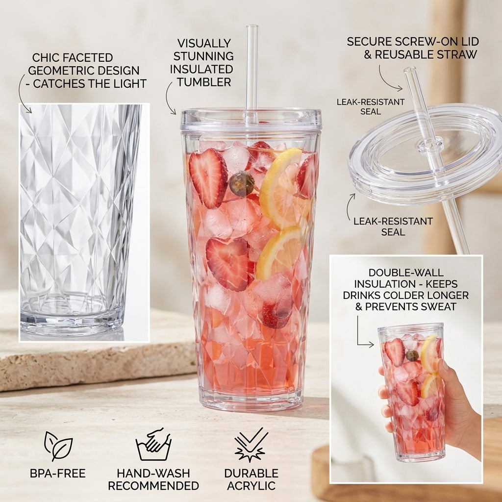 28oz Faceted Tritan Cold Cup with Straw – Reusable Clear Water Tumbler, Iced Coffee Cup & Smoothie Drinking Cup