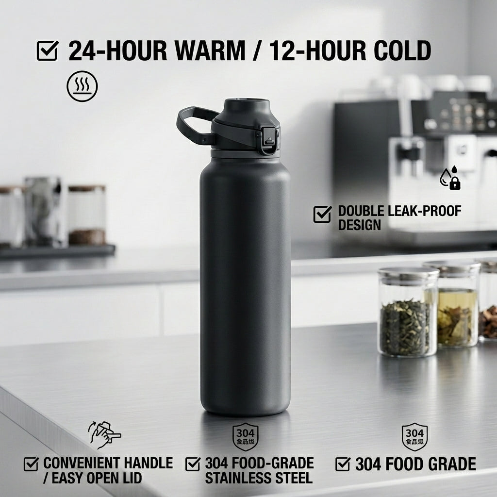 22oz Flip-Top Vacuum Water Bottle – Stainless Steel Insulated Bottle with Carry Loop, Leak-Resistant Gym & Travel Flask