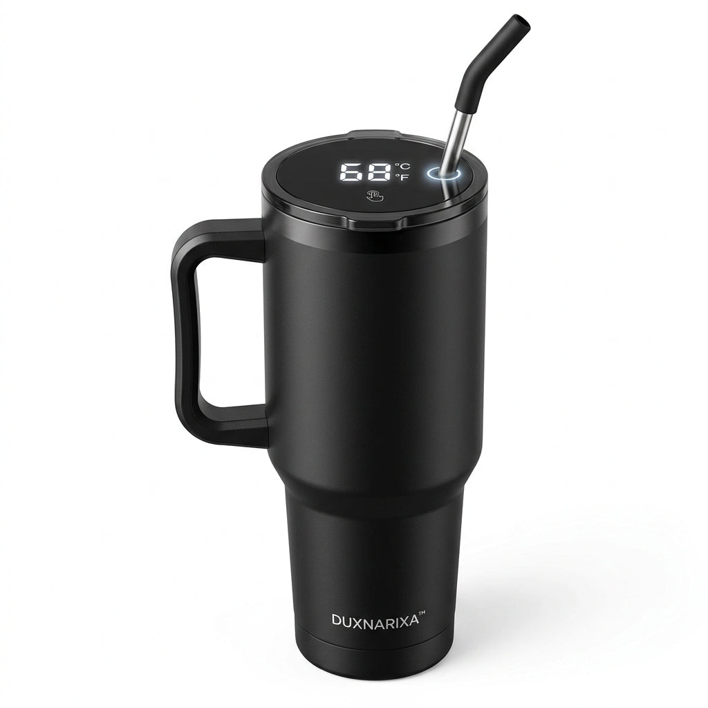 30oz Smart LED Tumbler with Handle – Temperature Display Insulated Travel Mug, Stainless Steel Coffee Cup with Straw, Cup Holder Friendly