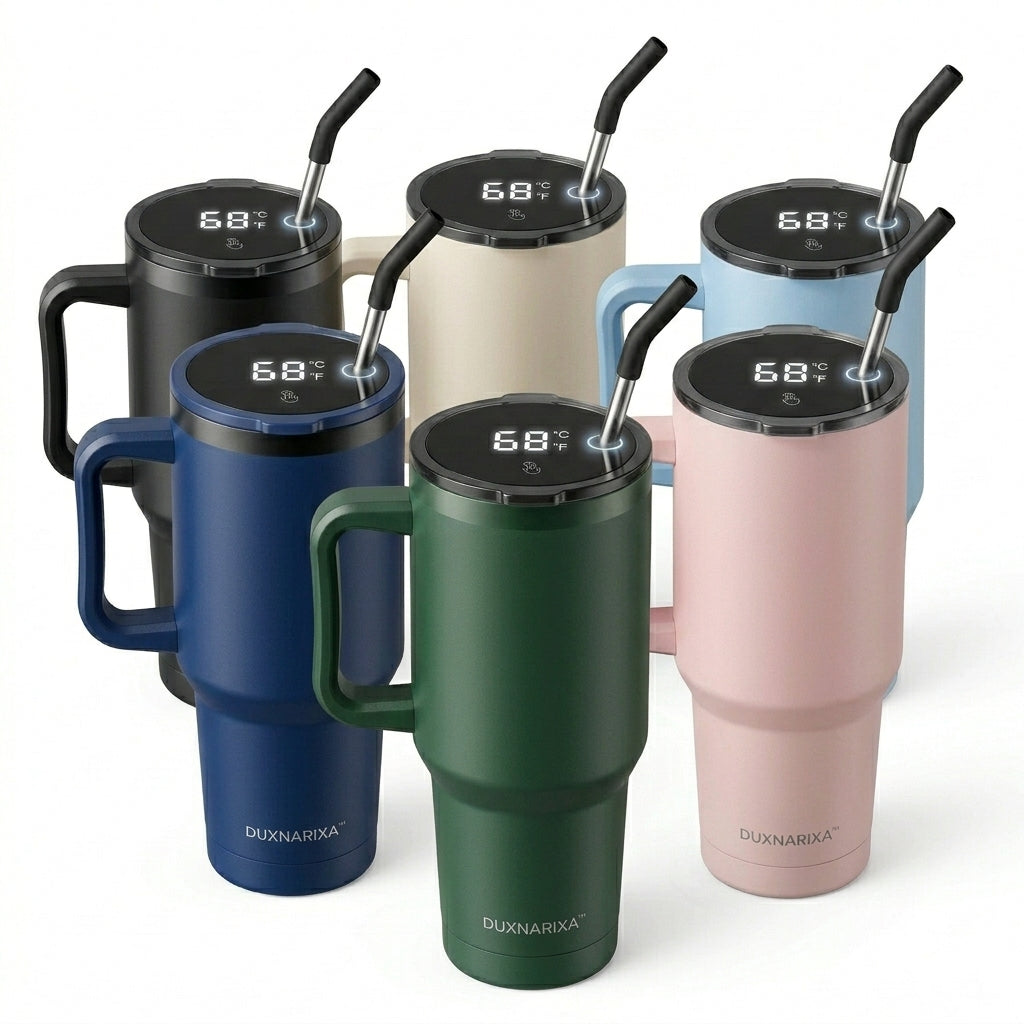 30oz Smart LED Tumbler with Handle – Temperature Display Insulated Travel Mug, Stainless Steel Coffee Cup with Straw, Cup Holder Friendly