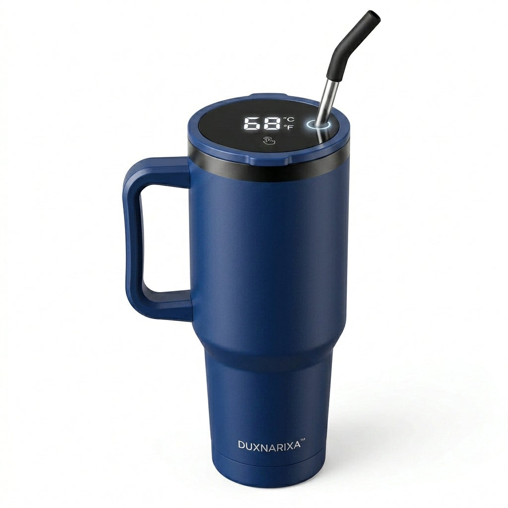 30oz Smart LED Tumbler with Handle – Temperature Display Insulated Travel Mug, Stainless Steel Coffee Cup with Straw, Cup Holder Friendly
