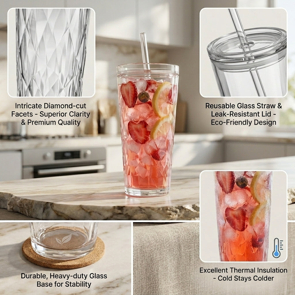 28oz Faceted Tritan Cold Cup with Straw – Reusable Clear Water Tumbler, Iced Coffee Cup & Smoothie Drinking Cup