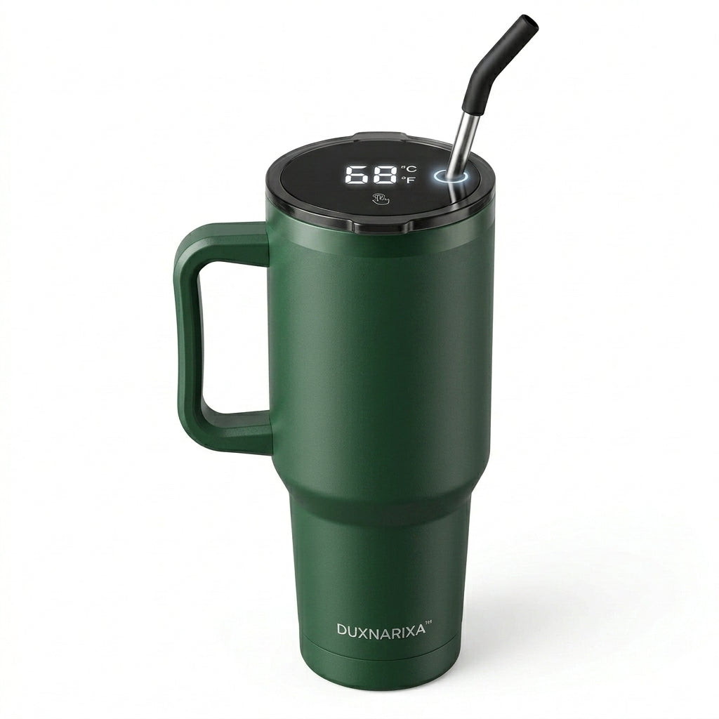 30oz Smart LED Tumbler with Handle – Temperature Display Insulated Travel Mug, Stainless Steel Coffee Cup with Straw, Cup Holder Friendly