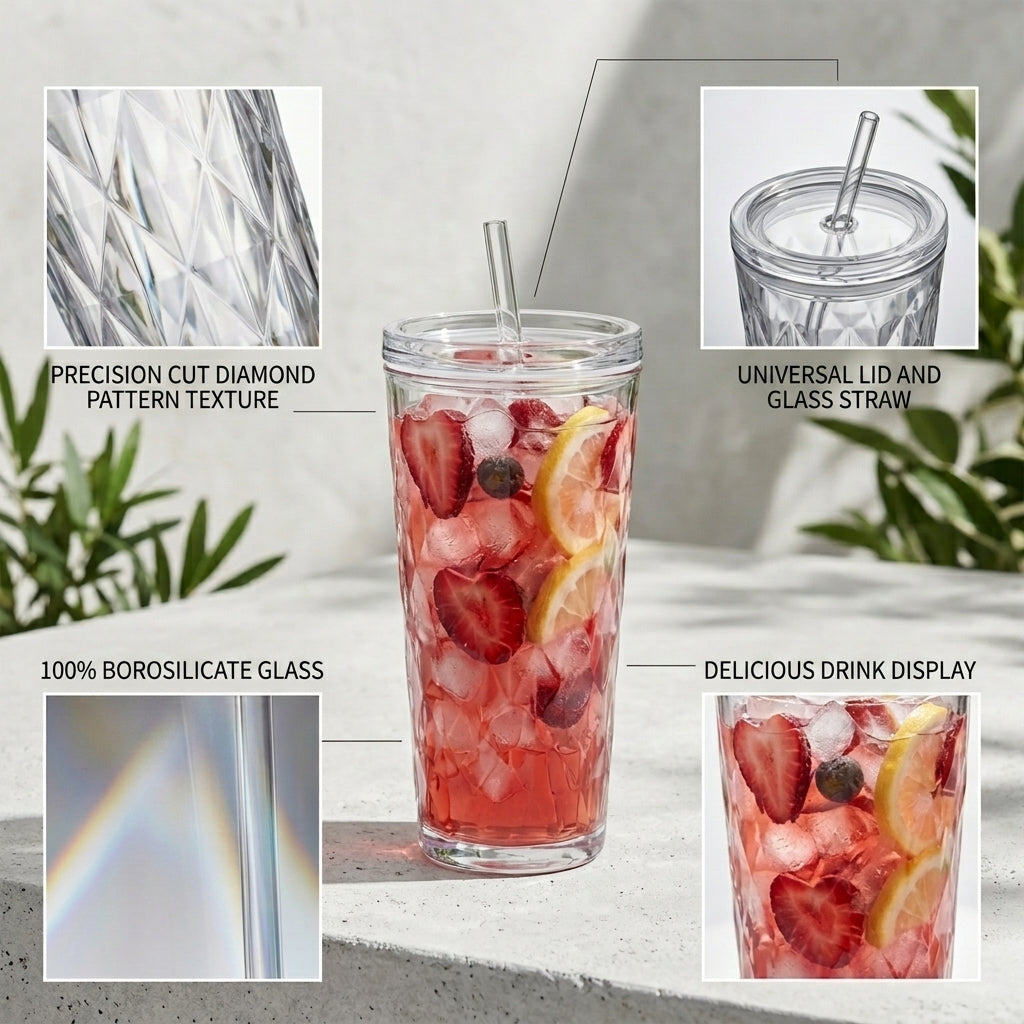 28oz Faceted Tritan Cold Cup with Straw – Reusable Clear Water Tumbler, Iced Coffee Cup & Smoothie Drinking Cup