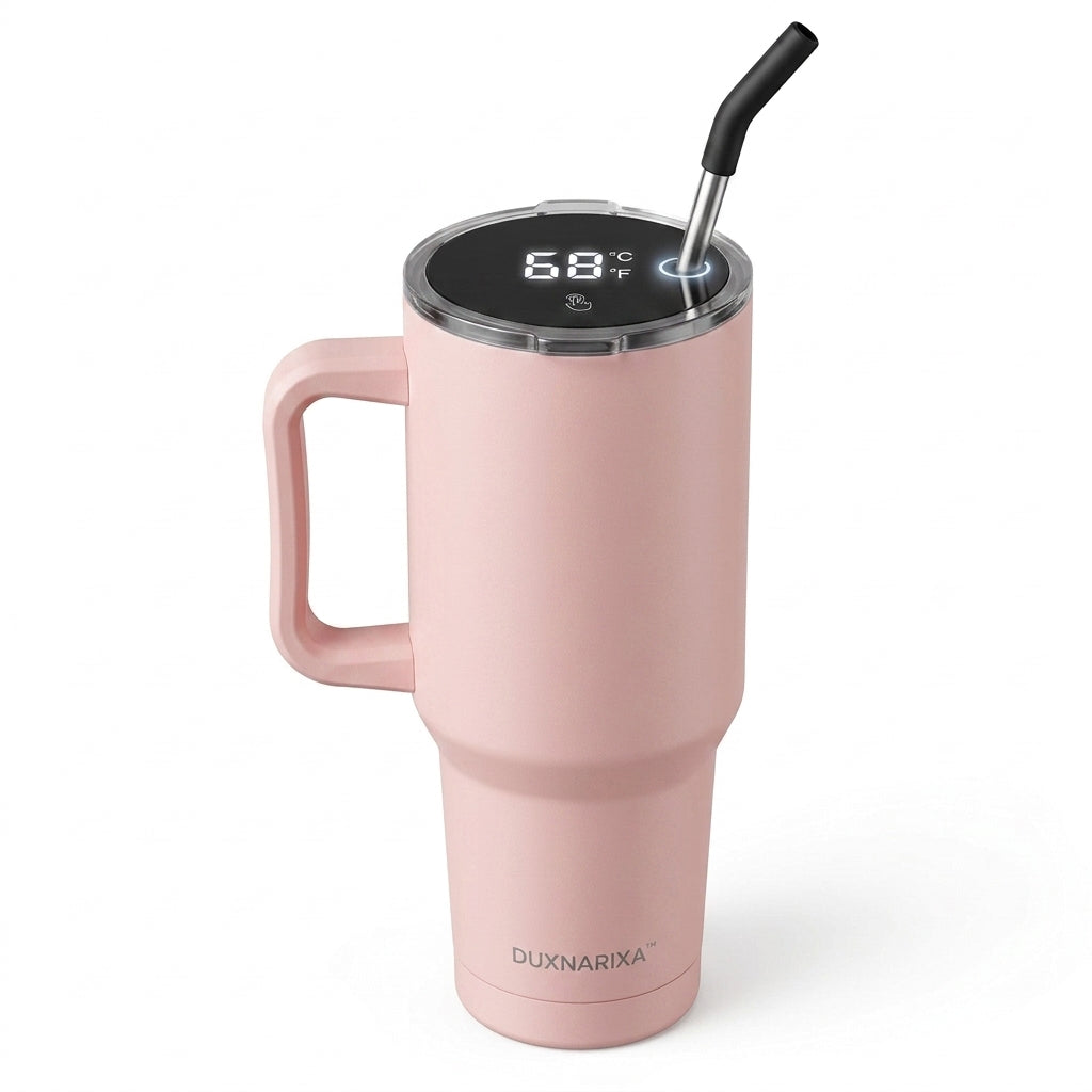 30oz Smart LED Tumbler with Handle – Temperature Display Insulated Travel Mug, Stainless Steel Coffee Cup with Straw, Cup Holder Friendly