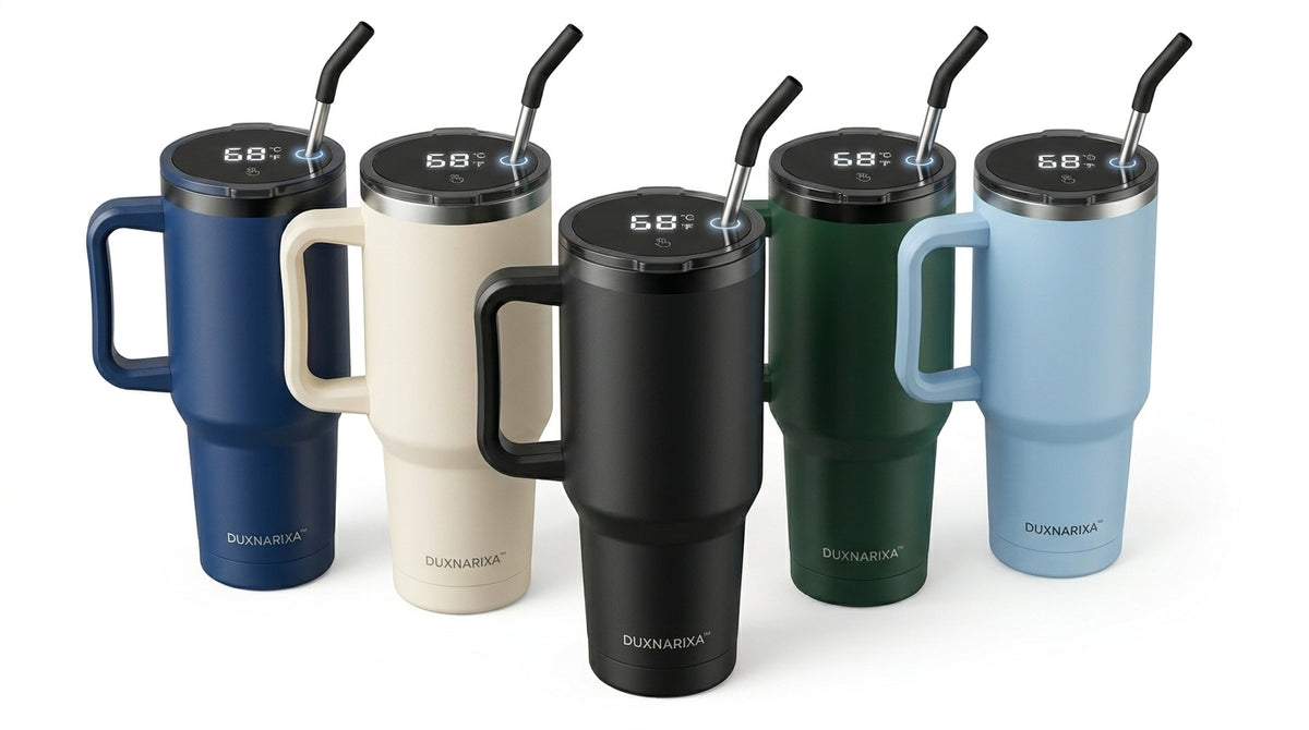 30oz Smart LED Tumbler with Handle – Temperature Display Insulated Travel Mug, Stainless Steel Coffee Cup with Straw, Cup Holder Friendly