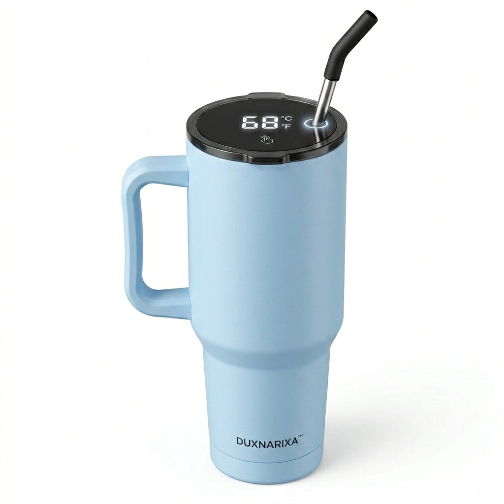 30oz Smart LED Tumbler with Handle – Temperature Display Insulated Travel Mug, Stainless Steel Coffee Cup with Straw, Cup Holder Friendly