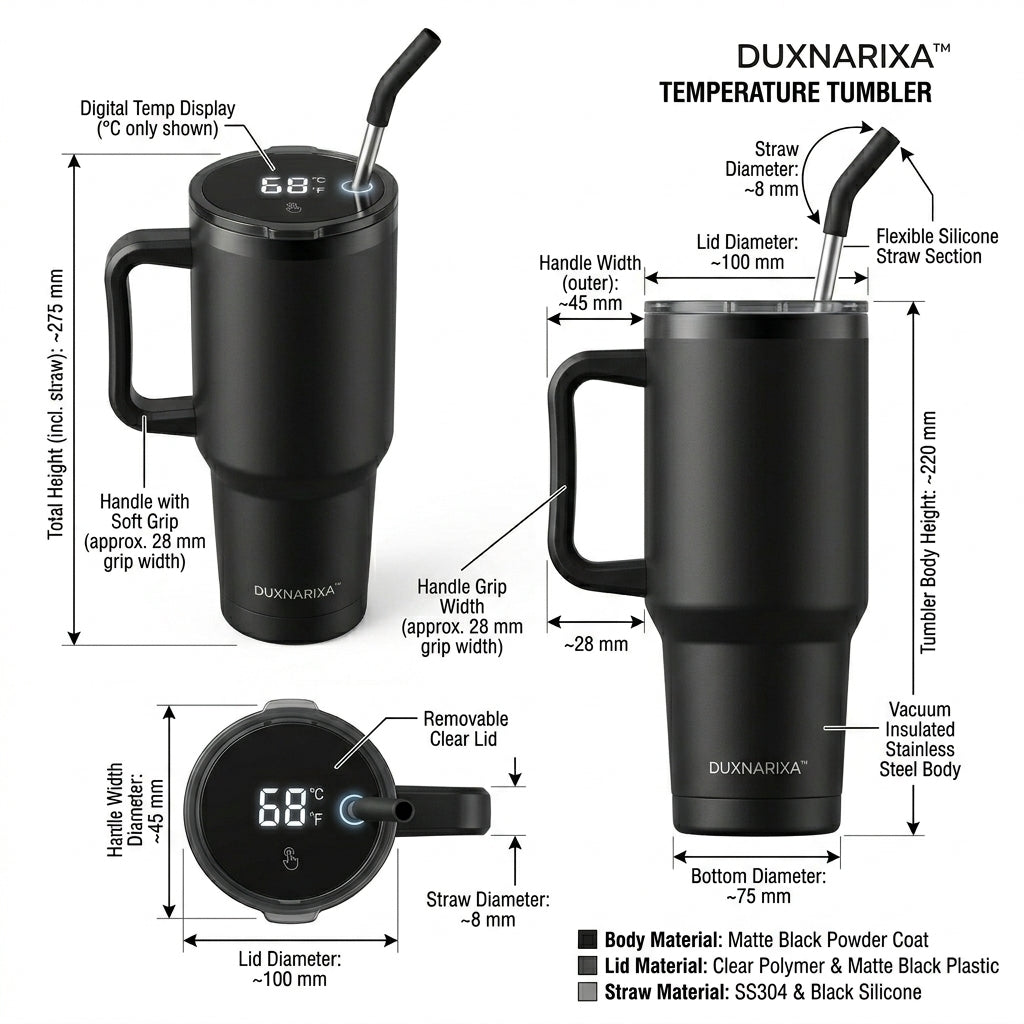 30oz Smart LED Tumbler with Handle – Temperature Display Insulated Travel Mug, Stainless Steel Coffee Cup with Straw, Cup Holder Friendly