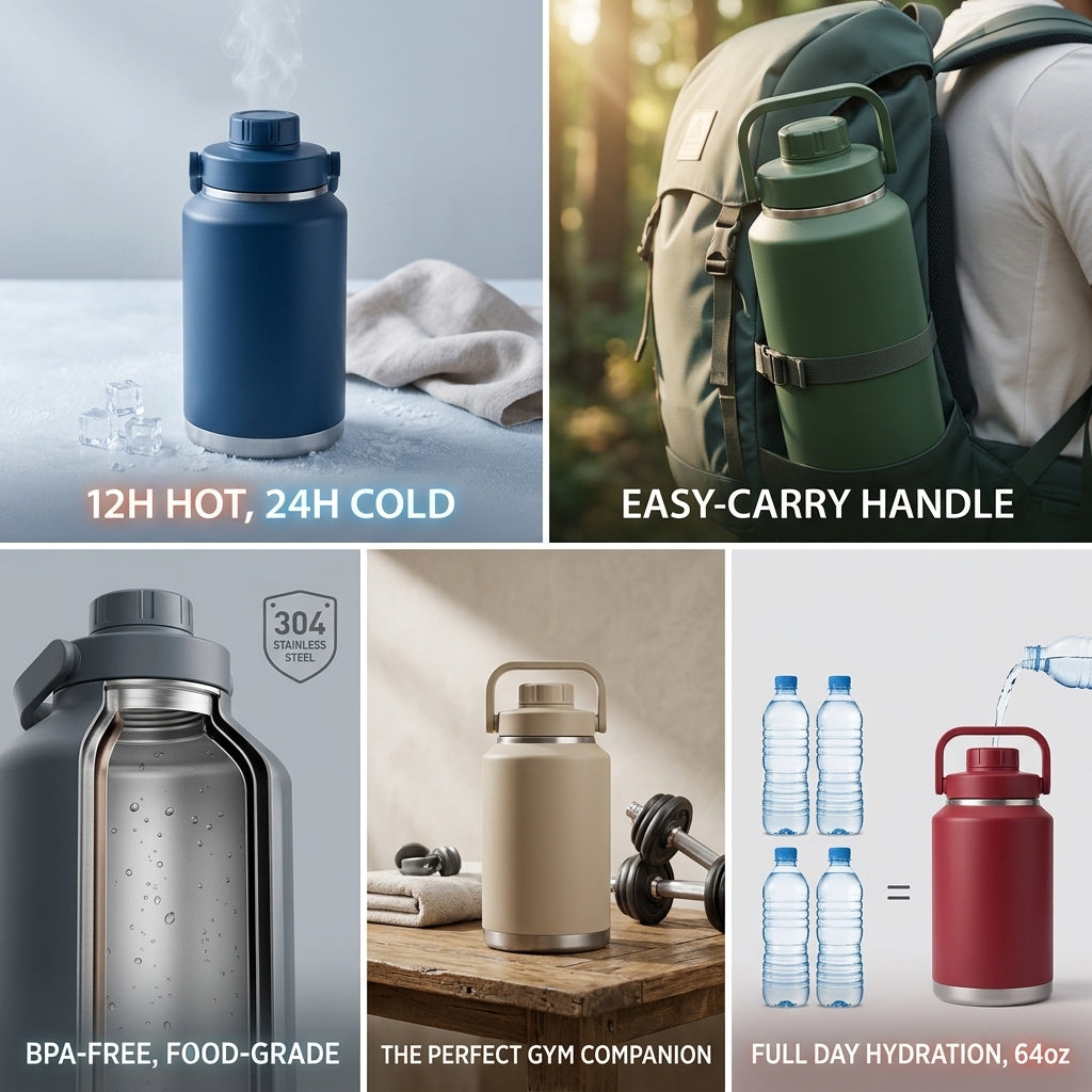 64oz Insulated Sports Water Jug – Large Stainless Steel Hydration Bottle with Carry Handle, Gym & Outdoor Water Container