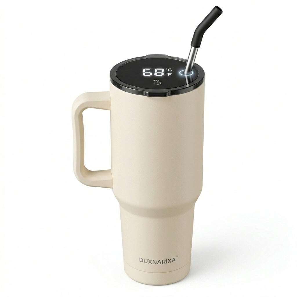 30oz Smart LED Tumbler with Handle – Temperature Display Insulated Travel Mug, Stainless Steel Coffee Cup with Straw, Cup Holder Friendly